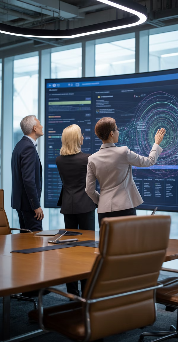 Executives reviewing collective intelligence on a large screen